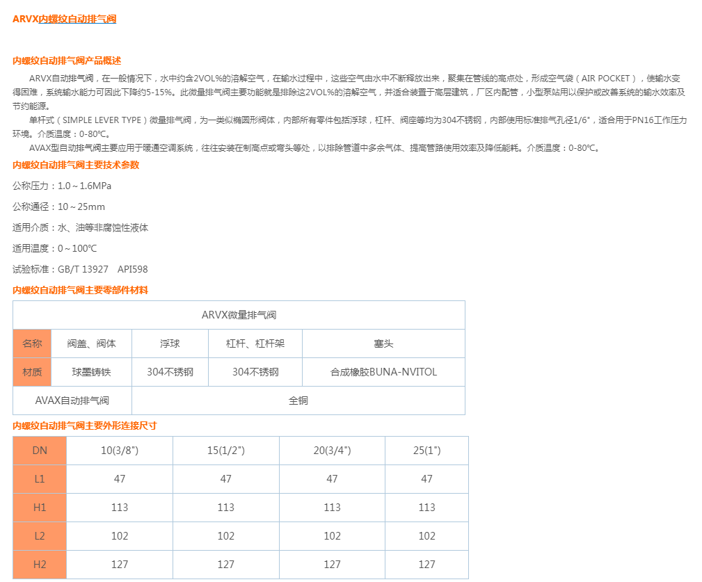 ARVX内螺纹自动排气阀