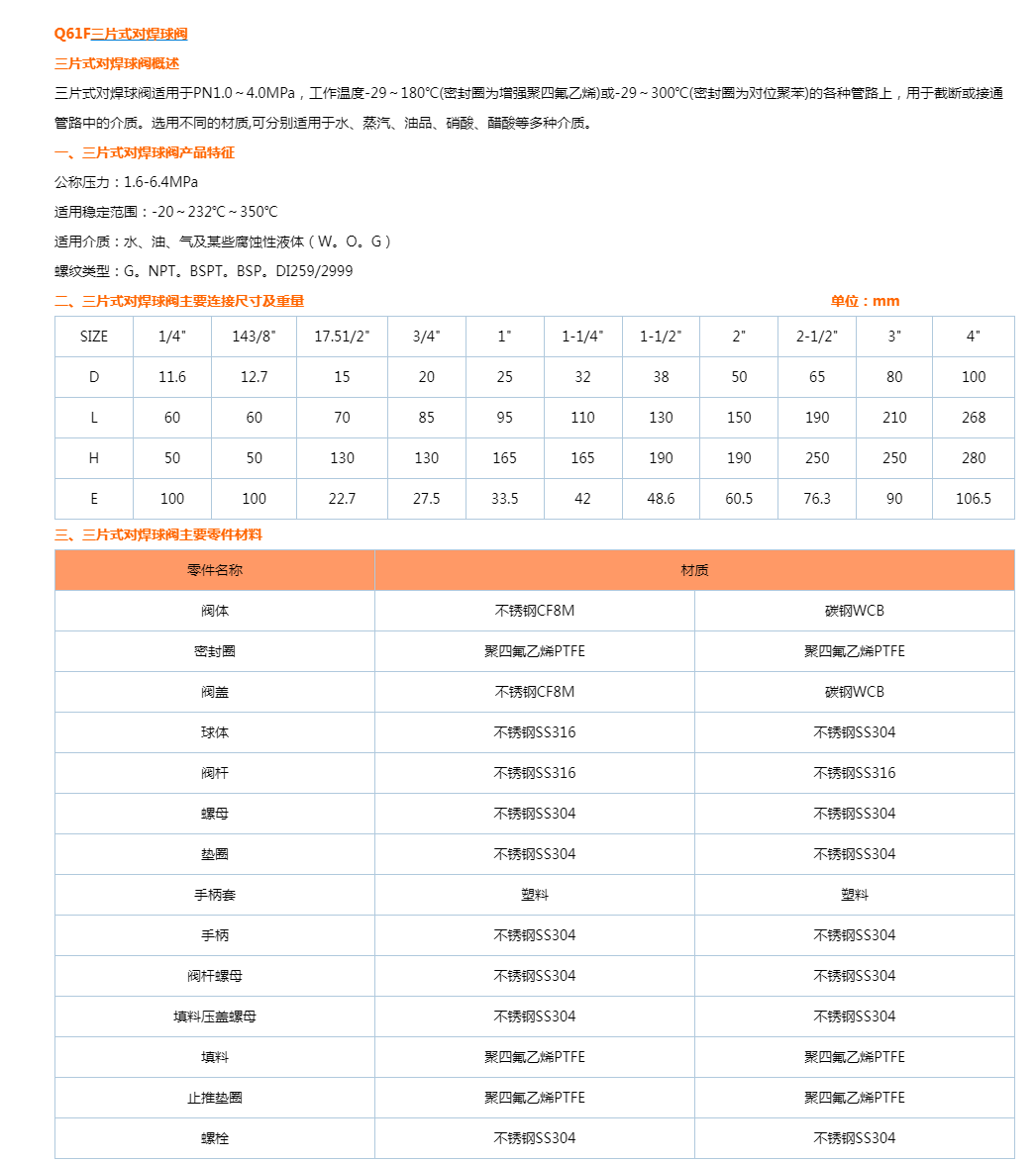 Q61F三片式对焊球阀