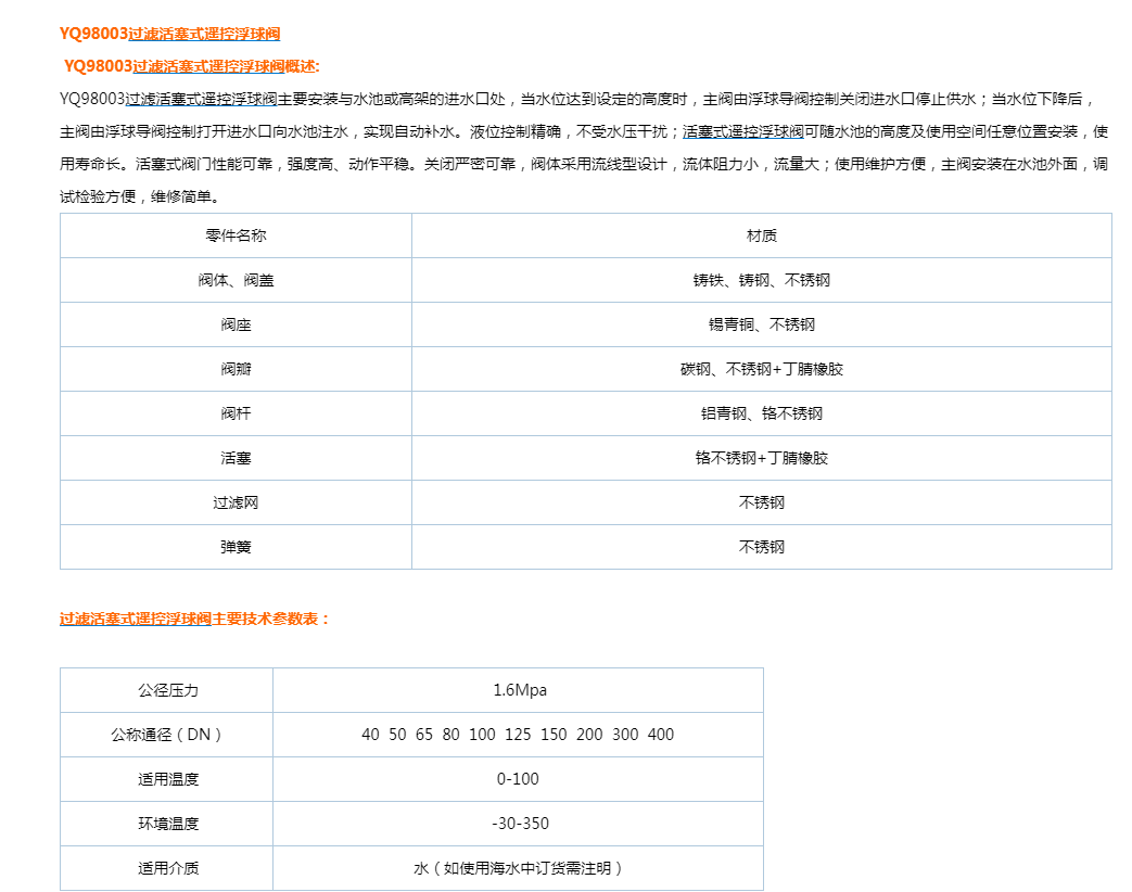 YQ98003过滤活塞式遥控浮球阀