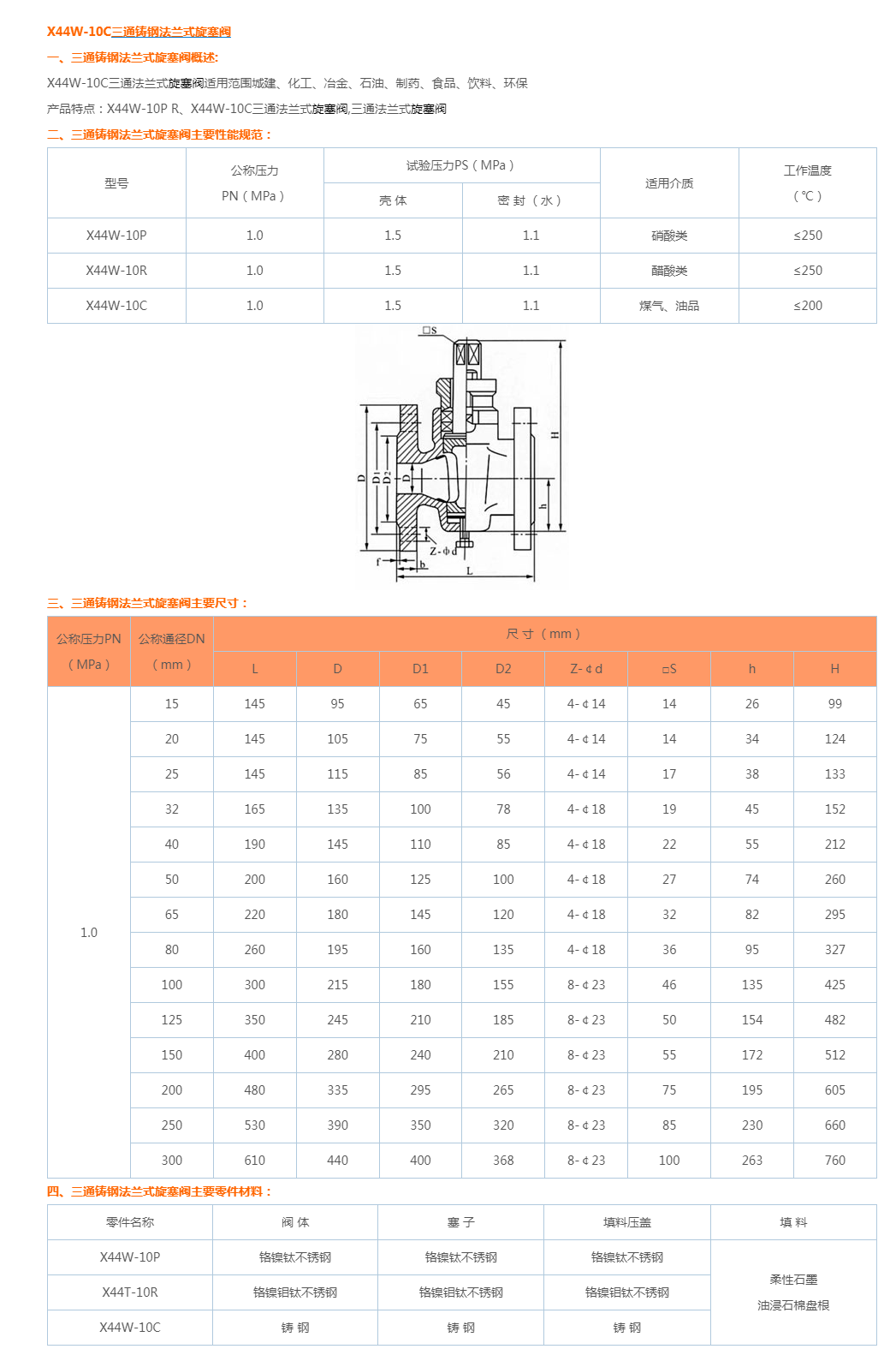 X44W-10C三通铸钢法兰式旋塞阀