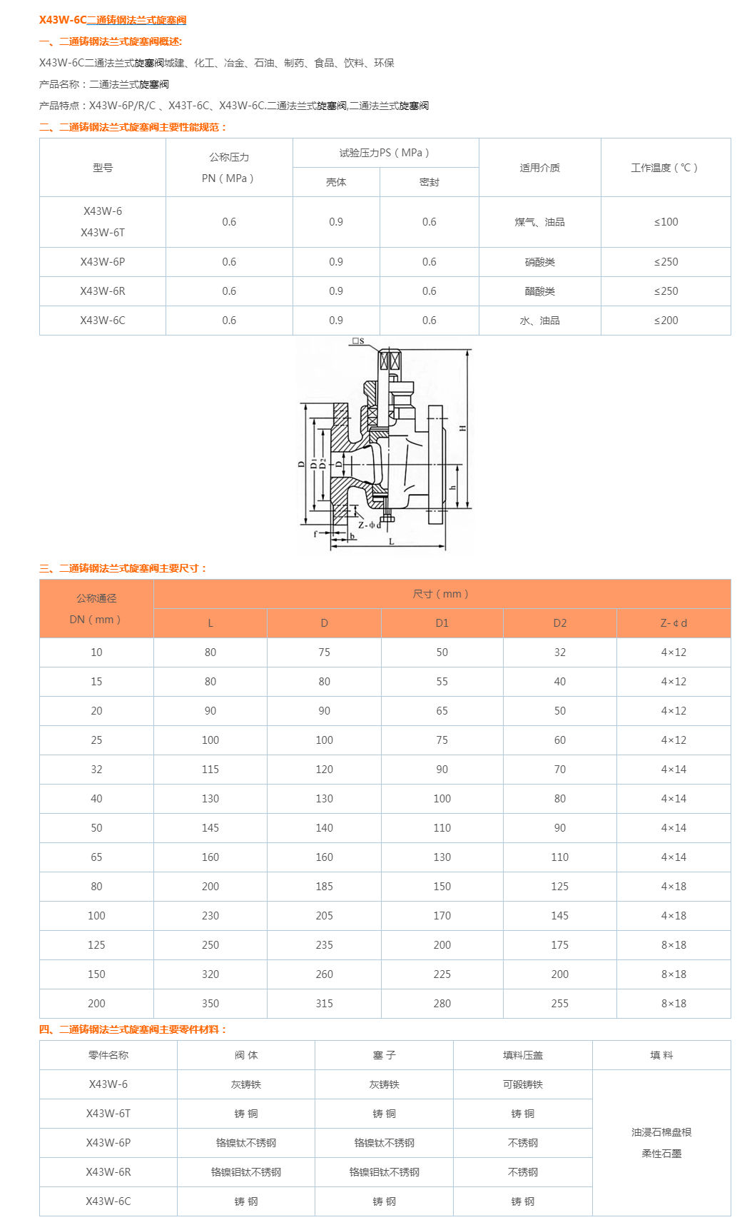 X43W-6C二通铸钢法兰式旋塞阀