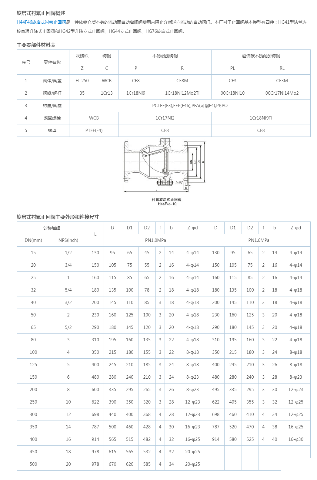 H44F46旋启式衬氟止回阀
