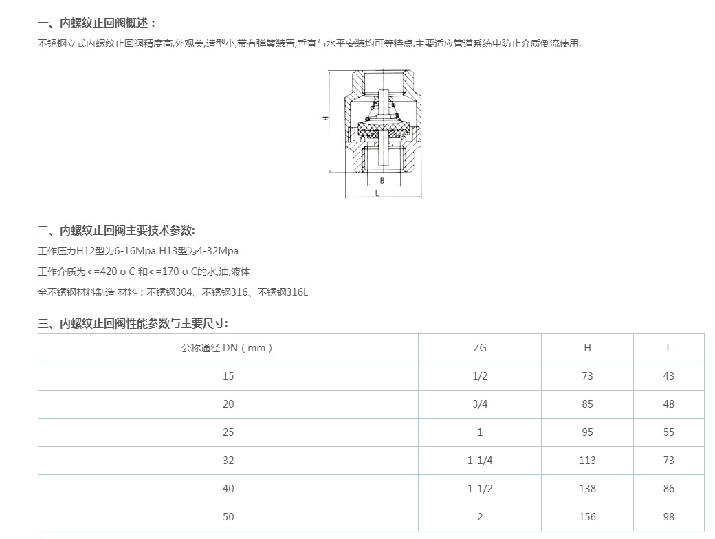 H12H不锈钢立式内螺纹止回阀