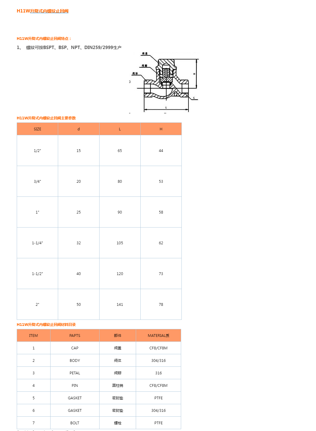H11W升降式内螺纹止回阀